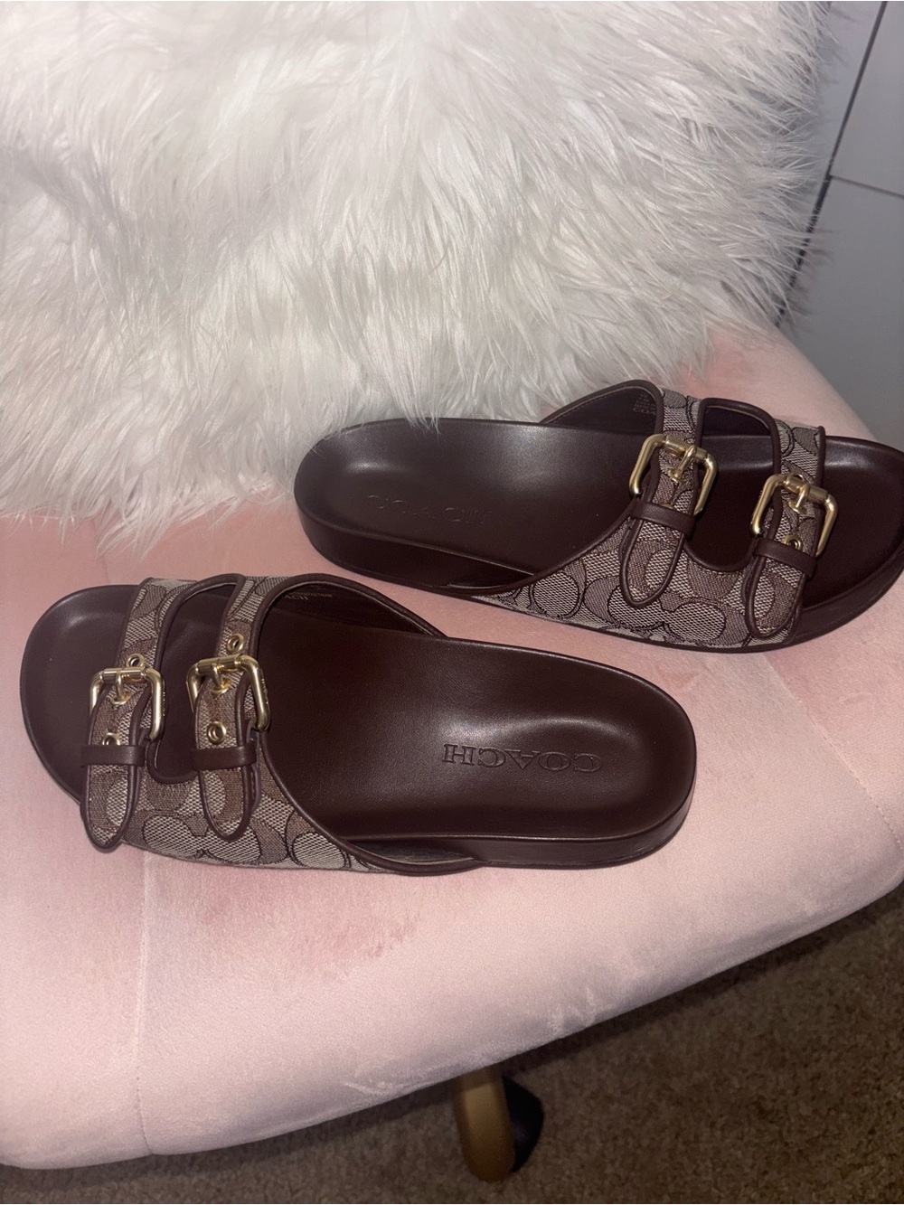 Coach Brown Signature Double-Buckle Slide Sandals with Gold Hardware - Picture 4 of 6
